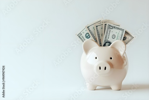 Obraz na płótnie A charming pink piggy bank filled with dollar bills, symbolizing savings and financial growth in a minimalist setting. w salonie