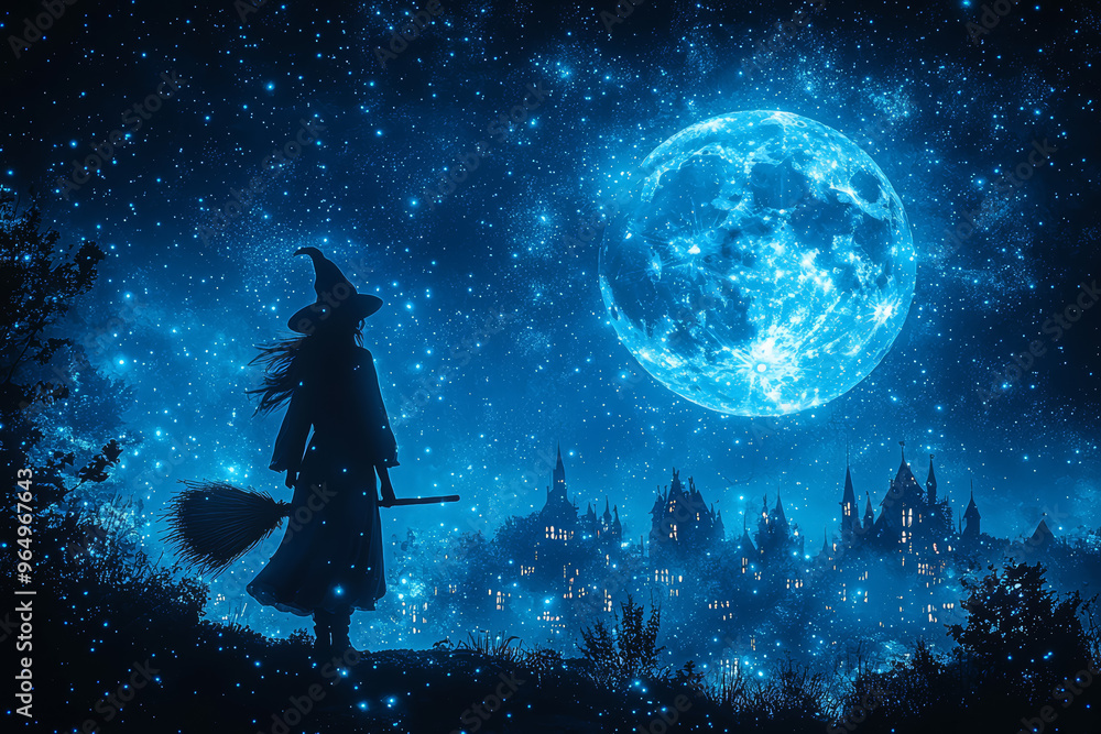 A pair of witches flying on broomsticks across a starry night sky, with a full moon in the background. Concept of Halloween fantasy and witchcraft lore. A pair of witches flying on broomsticks across a starry night sky, with a full moon in the background. Concept of Halloween fantasy and witchcraft lore.