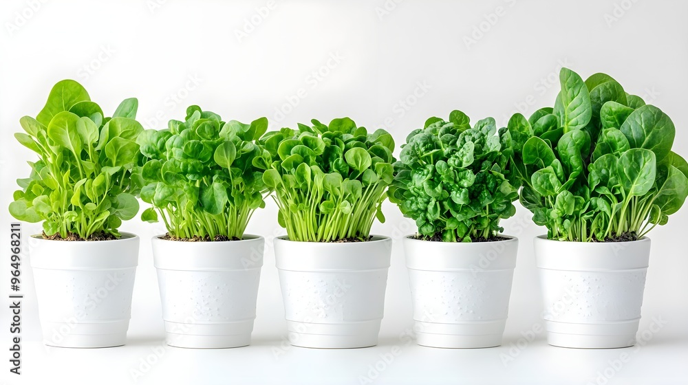 A vibrant display of leafy greens in white pots, showcasing fresh, healthy plants for home gardening or culinary uses. A vibrant display of leafy greens in white pots, showcasing fresh, healthy plants for home gardening or culinary uses.