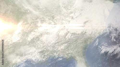 Earth zoom in from space and focus on Madison, Alabama, USA. Background for travel intro or blog. Satellite view. 3D style Animation. Images from NASA.