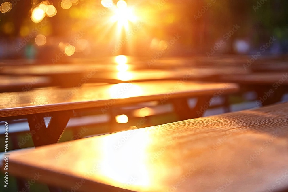 Golden sunlight casts a warm glow over empty wooden tables in a serene outdoor setting, inviting tranquility and reflection. Golden sunlight casts a warm glow over empty wooden tables in a serene outdoor setting, inviting tranquility and reflection.
