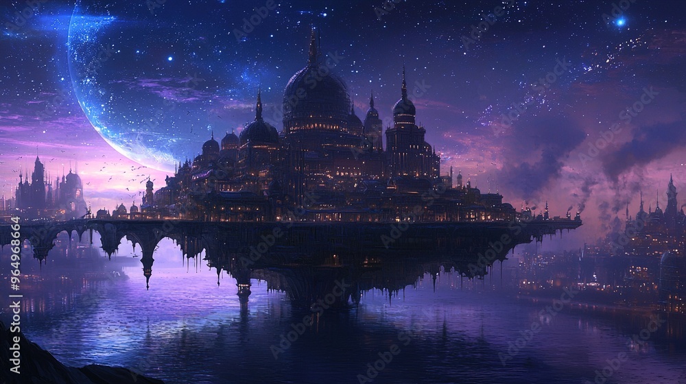 Obraz premium An intricate, futuristic cityscape is depicted at dusk or dawn, with a vast array of domed and spired structures perched on cliffs above a reflective body of water. The city is illuminated with warm, 