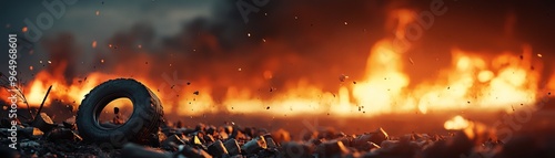 Dramatic scene of a tire amidst a fiery background, showcasing destruction and chaos in an industrial setting.