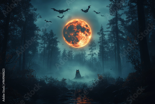 A full moon casting eerie shadows on a dark forest, with bats flying across the sky. Concept of Halloween night and supernatural elements.