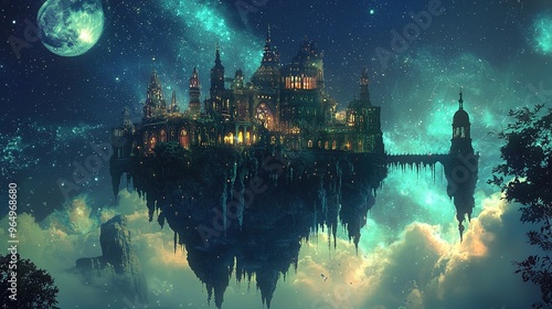 A fantastical scene featuring a towering, illuminated castle-like structure suspended on a floating island above the clouds. The architecture is intricate and ornate, with multiple spires and domes, a