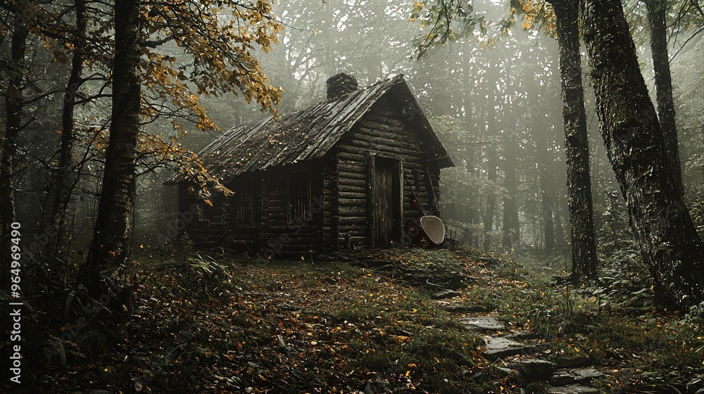 In a dense forest, an old wooden cabin sits amongst tall trees with autumn-colored leaves falling on the ground. The forest is shrouded in mist, creating a mysterious and haunting atmosphere. The cabi In a dense forest, an old wooden cabin sits amongst tall trees with autumn-colored leaves falling on the ground. The forest is shrouded in mist, creating a mysterious and haunting atmosphere. The cabi