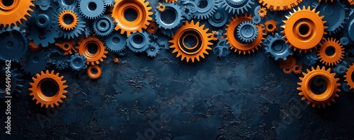 A vibrant arrangement of orange and blue gears on a dark textured background, ideal for industrial or mechanical themes.