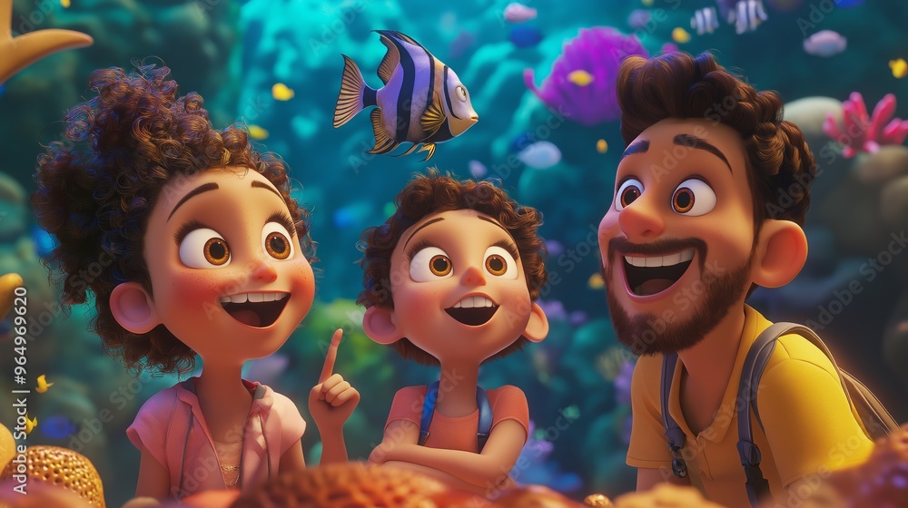 A 3D cartoon LGBTQ+ family having a fun day at the aquarium, with exaggerated sea creatures and oversized smiles, all looking in awe at the colorful fish A 3D cartoon LGBTQ+ family having a fun day at the aquarium, with exaggerated sea creatures and oversized smiles, all looking in awe at the colorful fish