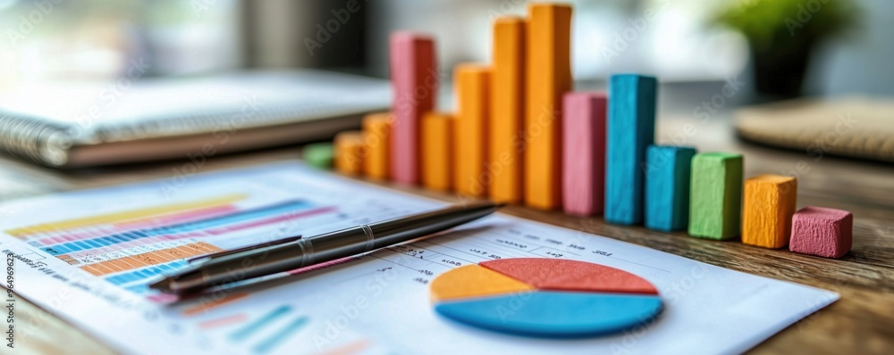 Colorful charts and graphs on a wooden desk, showcasing financial data analysis and business growth insights. Colorful charts and graphs on a wooden desk, showcasing financial data analysis and business growth insights.