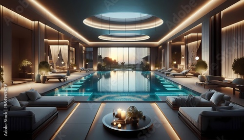 interior of modern rouf garden with swimming pool  classic style house  dusk created with generative A.I.