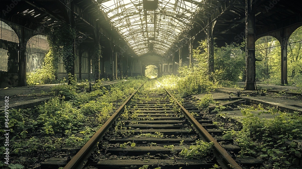 An abandoned, overgrown railway station with dilapidated tracks running down the center. The roof of the station is partially collapsed, allowing sunlight to stream through, illuminating the lush gree An abandoned, overgrown railway station with dilapidated tracks running down the center. The roof of the station is partially collapsed, allowing sunlight to stream through, illuminating the lush gree