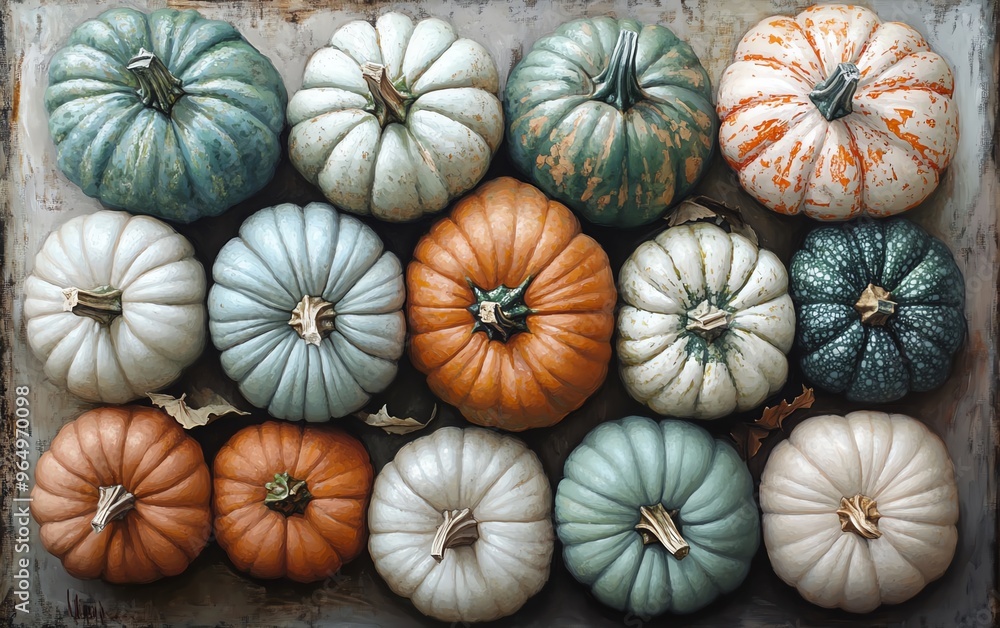 realistic top view painting of pumpkins in various shapes and sizes, featuring green and white pumpkins, with muted colors realistic top view painting of pumpkins in various shapes and sizes, featuring green and white pumpkins, with muted colors