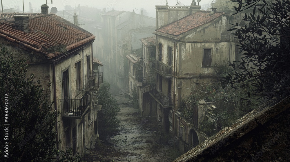 The image depicts a foggy, desolate street lined with old, weathered buildings that exhibit signs of decay and neglect. The buildings have balconies with rusted railings and worn-out facades, with ove The image depicts a foggy, desolate street lined with old, weathered buildings that exhibit signs of decay and neglect. The buildings have balconies with rusted railings and worn-out facades, with ove