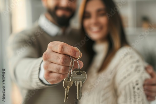 Happy couple standing in front of their new home holding keys