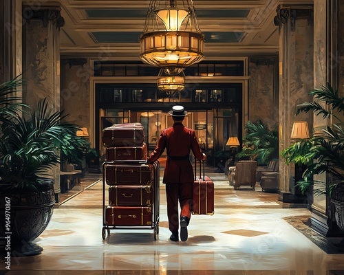 hotel bellboy in realistic style, pushing a trolley full of suitcases through a hotel lobby, highdefinition
