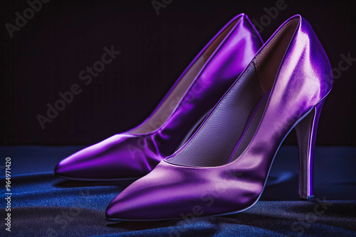 Pair of dress women shoes isolated over dark background, silky shiny purple high heeled stilettos isolated on black photo