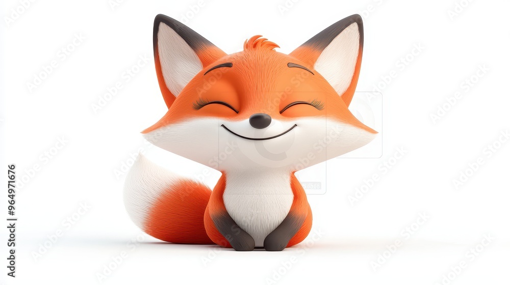 Obraz premium Cute Cartoon Fox Sitting and Smiling D Render White Background