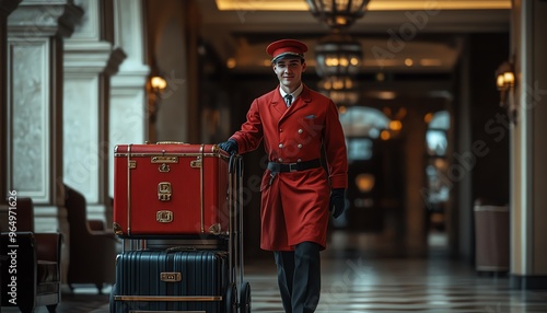 realistic scene of a bellboy pushing a trolley with suitcases in a hotel lobby, detailed and lifelike photo