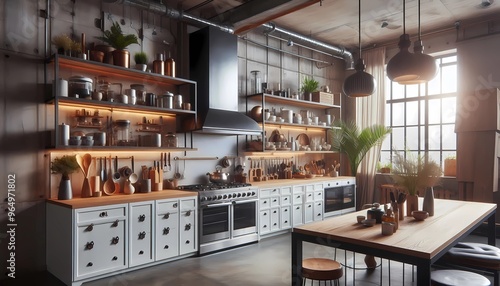 moderna cocina estilo industrial, barra de cosina, moderno desayunador.  Creado con A.I. generativo.