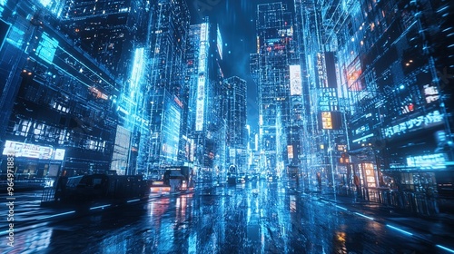 Wallpaper Mural A futuristic cityscape at night, drenched in neon blue and white lights. The streets are wet, reflecting the vibrant glow from the tall buildings and numerous digital billboards. The glossy pavement m Torontodigital.ca