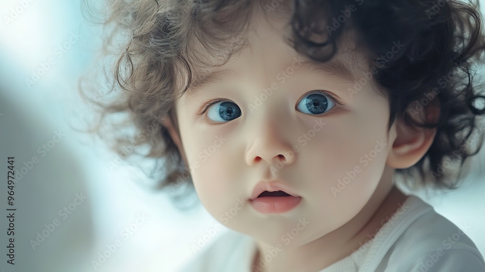 A baby with white curly hair and bright blue eyes, showcasing an adorable and angelic appearance. The baby’s soft curls frame their face, while their striking blue eyes add a captivating and innocent A baby with white curly hair and bright blue eyes, showcasing an adorable and angelic appearance. The baby’s soft curls frame their face, while their striking blue eyes add a captivating and innocent