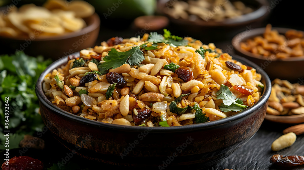A bowl of savory snack mix with nuts, seeds, and spices, garnished with fresh herbs. A bowl of savory snack mix with nuts, seeds, and spices, garnished with fresh herbs.