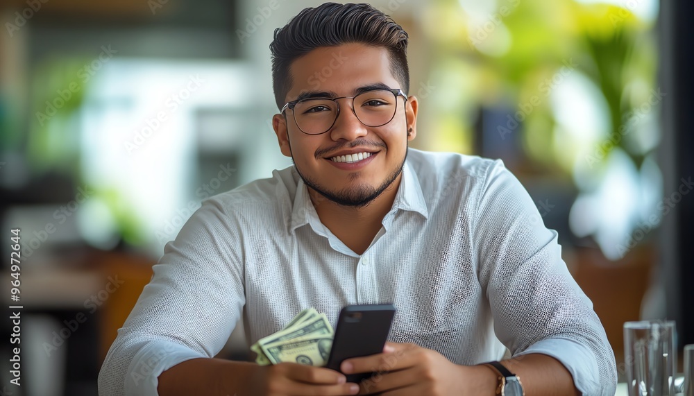 Hispanic young man with a confident smile, sitting at a formal office table, cash money in hand, checking his mobile phone, business success, polished and professional setting Hispanic young man with a confident smile, sitting at a formal office table, cash money in hand, checking his mobile phone, business success, polished and professional setting