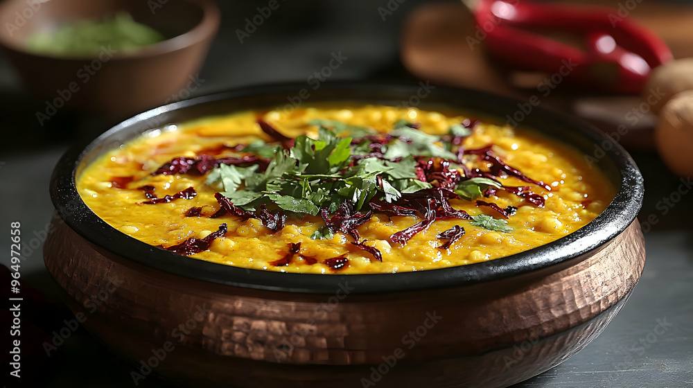 A bowl of vibrant lentil dish topped with herbs and spices, showcasing rich flavors. A bowl of vibrant lentil dish topped with herbs and spices, showcasing rich flavors.