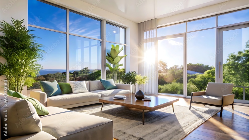Fototapeta premium Minimalist luxury modern living room interior design, morning light, modern interior concept for use. contemporary interior design.