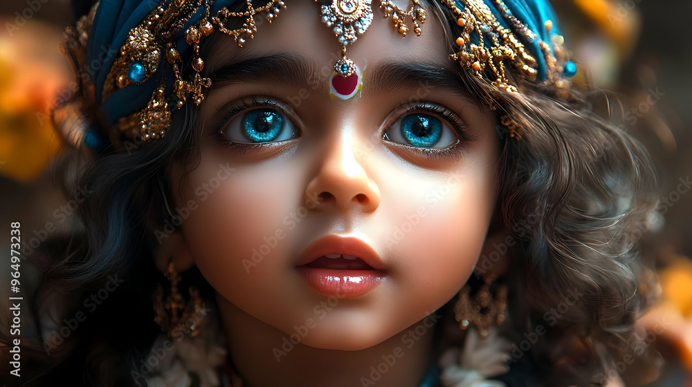A close-up portrait of a child adorned in traditional attire with striking blue eyes. A close-up portrait of a child adorned in traditional attire with striking blue eyes.