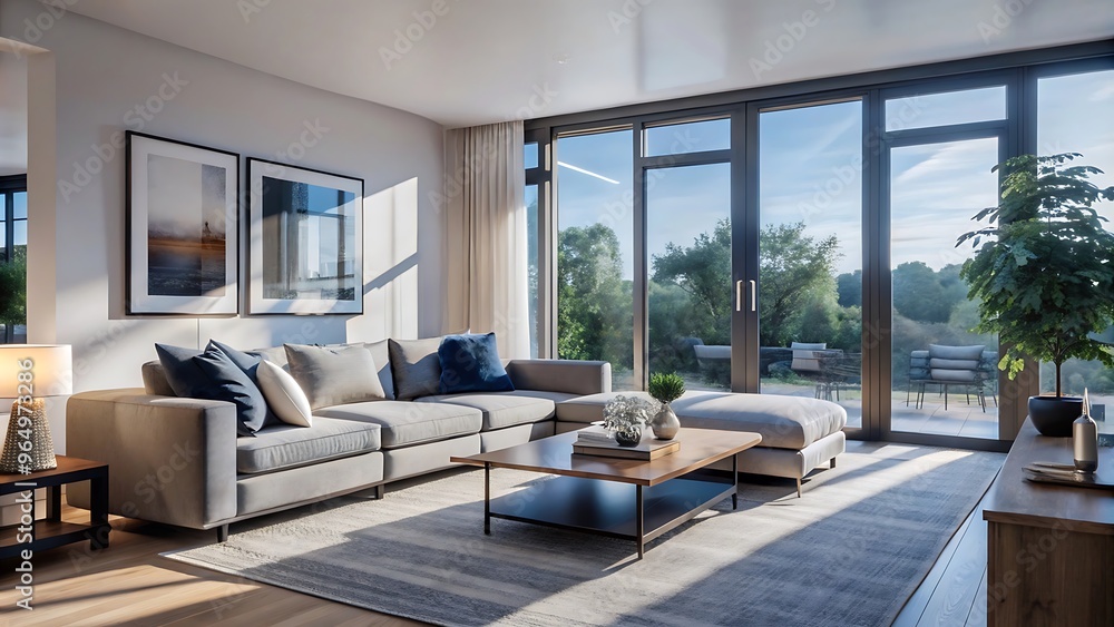 Fototapeta premium Minimalist luxury modern living room interior design, morning light, modern interior concept for use. contemporary interior design.