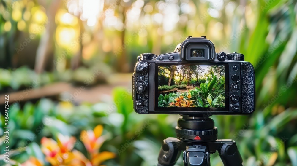 Camera on Tripod Capturing Lush Tropical Garden Scene Camera on Tripod Capturing Lush Tropical Garden Scene