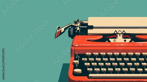 Retro Red Typewriter Illustration on Green Background for Writing and Literary Themes