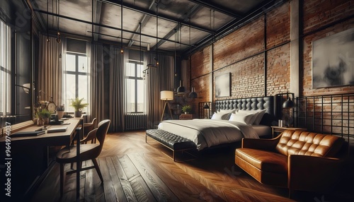 bedroom in luxurious industrial style apartment, with large windows. Created with A.I. generative.