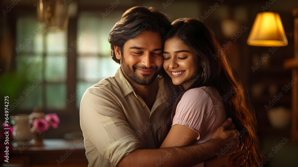 A couple embraces warmly, sharing a joyful moment in a cozy indoor setting. A couple embraces warmly, sharing a joyful moment in a cozy indoor setting.