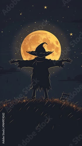 Scarecrow in Front of Full Moon with Dark Night Sky and  Stars, Grass Field, and Silhouettes photo