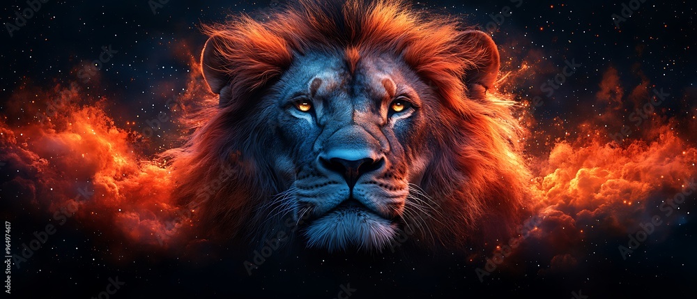 Fierce lion with orange fiery mane against a dark night sky. Fierce lion with orange fiery mane against a dark night sky.