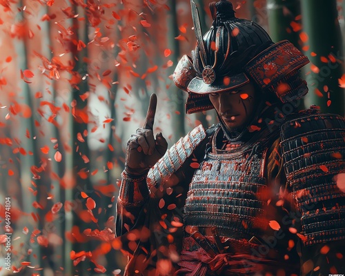 Samurai in traditional armor, giving a twofinger salute, standing in a bamboo forest with cherry blossom petals falling, calm and composed expression photo