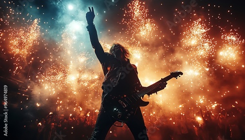 Rock star on stage, making the rock hand gesture, with electric guitar in hand, surrounded by pyrotechnics and a roaring crowd, bright stage lights