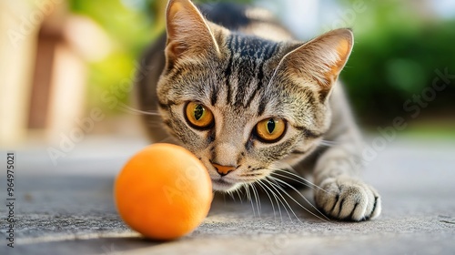 A playful cat interacting with a ball, showcasing its energetic and curious nature. The cat is fully engaged with the ball, either batting it around or preparing to pounce,