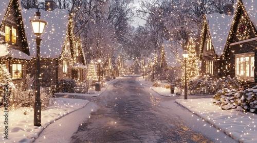 Snowy Christmas Street with Illuminated Houses and Falling Snow