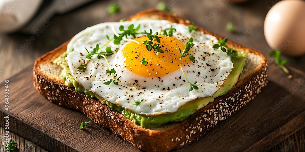 A wholesome healthy breakfast with Fresh Avocado Toast topped with Microgreens and Poached Eggs A wholesome healthy breakfast with Fresh Avocado Toast topped with Microgreens and Poached Eggs