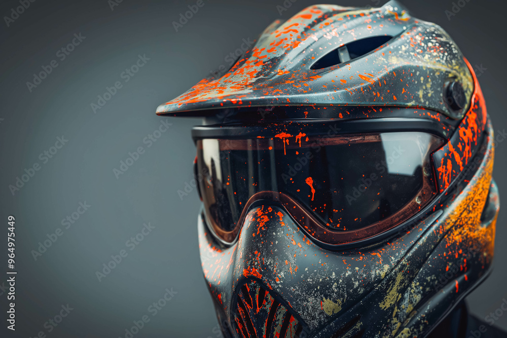 Fototapeta premium Special protective mask for playing paintball with traces and spot of hit of a ball with paint.