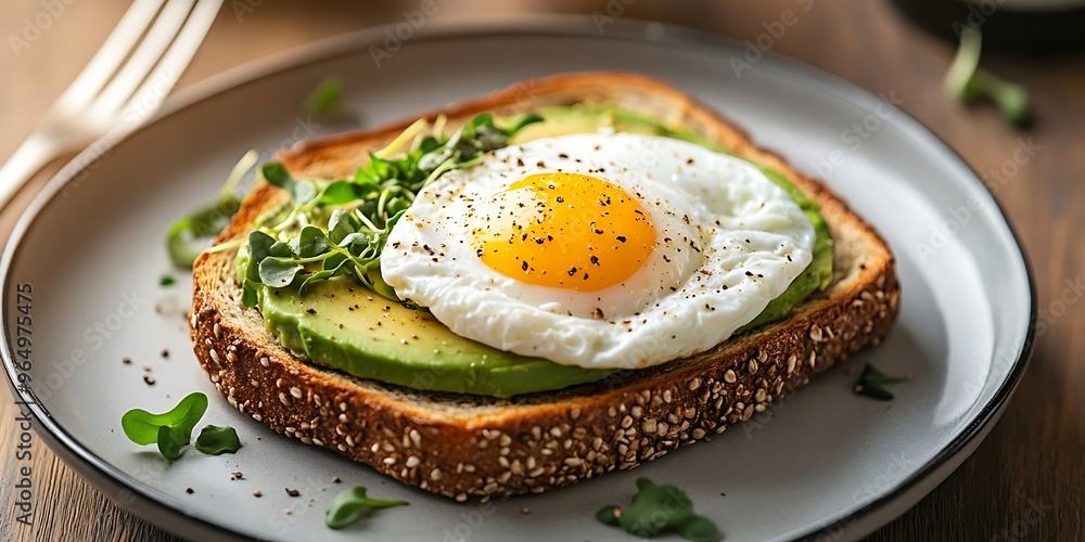 A wholesome healthy breakfast with Fresh Avocado Toast topped with Microgreens and Poached Eggs A wholesome healthy breakfast with Fresh Avocado Toast topped with Microgreens and Poached Eggs