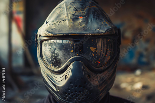 Special protective mask for playing paintball with traces and spot of hit of a ball with paint.