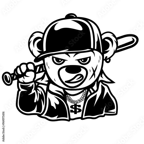 Teddy Gangsta | Bad Teddy | Dollar Sign | Hipster Bear | Gangster Bear | Mafia Bear | Teddy Bandit | Bear Holding Baseball Bat | Original Illustration | Vector and Clipart | Cutfile and Stencil
