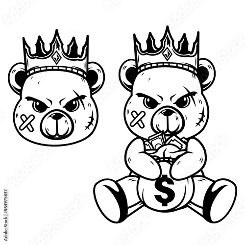 King Teddy | Teddy Bear | Teddy Gangster | Bear Holding Money Bag | Mafia Teddy | King Robber | Mafia King Bear | Teddy with Moneybag | Original Illustration | Vector and Clipart | Cutfile and Stencil