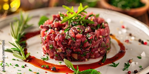 Savory Beef Tartare Enhanced with Fresh Herb Garnish photo