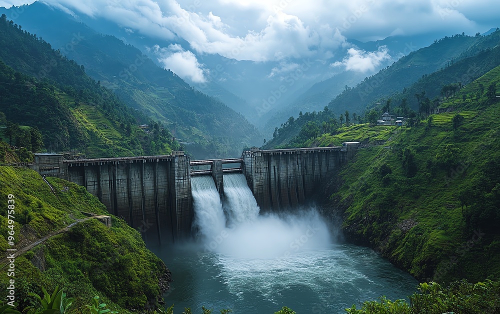 Hydroelectric dam generating power, with cascading water and lush greenery around, set against a backdrop of rugged mountains Hydroelectric dam generating power, with cascading water and lush greenery around, set against a backdrop of rugged mountains