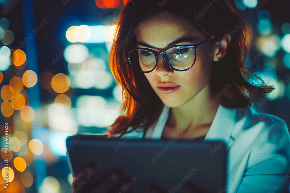 Tablet, overtime and businesswoman in office with glasses, reading email or social media post scroll, schedule or report. Planning, research and woman, late at night work and reflection of website Tablet, overtime and businesswoman in office with glasses, reading email or social media post scroll, schedule or report. Planning, research and woman, late at night work and reflection of website